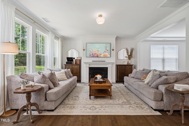 2013 Latham Oaks Ave, Wake Forest, NC 27587 - living area featuring a warm lit fireplace, wood finished floors, and crown molding