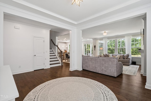 2013 Latham Oaks Ave, Wake Forest, NC 27587 - living area with stairs, wood finished floors, and crown molding