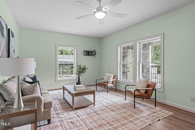 1408 Old Ivey Rd, Apex, NC 27523 - living area featuring wood finished floors, ceiling fan, and ornamental molding