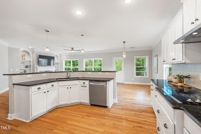 400 Swann Trl, Clayton, NC 27527 - kitchen featuring stainless steel dishwasher, ornamental molding, black electric cooktop, ceiling fan, and light wood-type flooring