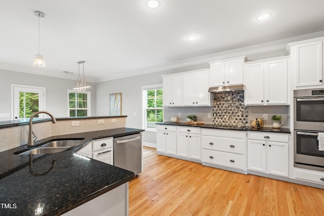400 Swann Trl, Clayton, NC 27527 - kitchen with appliances with stainless steel finishes, ornamental molding, decorative light fixtures, light wood-style flooring, and backsplash