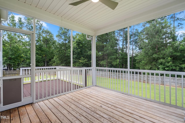 400 Swann Trl, Clayton, NC 27527 - wooden deck with a fenced backyard, a ceiling fan, and view of scattered trees