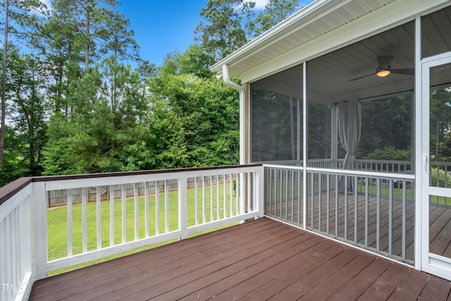 400 Swann Trl, Clayton, NC 27527 - wooden terrace with a sunroom, a lawn, and a ceiling fan