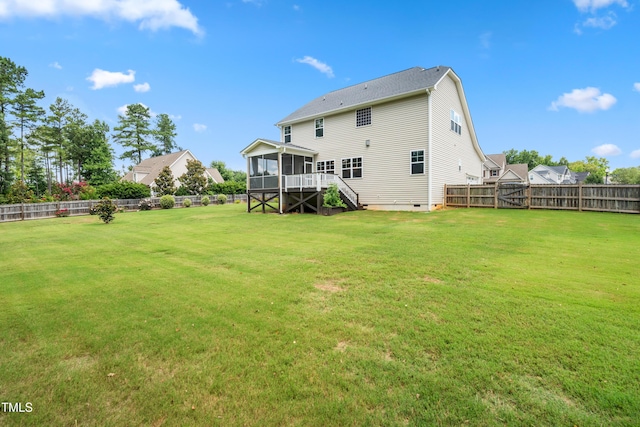 400 Swann Trl, Clayton, NC 27527 - back of property featuring a sunroom, a fenced backyard, stairs, and crawl space