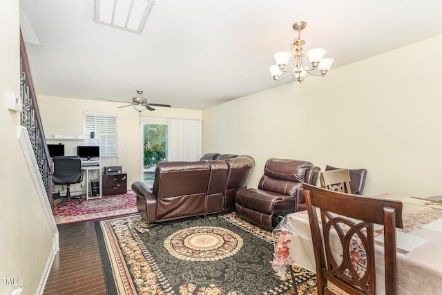 7819 River Field Dr, Raleigh, NC 27616 - living room featuring an office area, dark wood finished floors, a chandelier, and ceiling fan