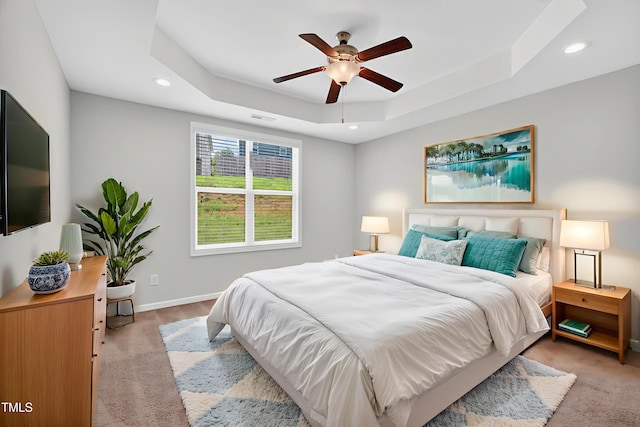 159 Forsyth Pkwy, Clayton, NC 27520 - bedroom featuring light carpet, a raised ceiling, recessed lighting, and ceiling fan