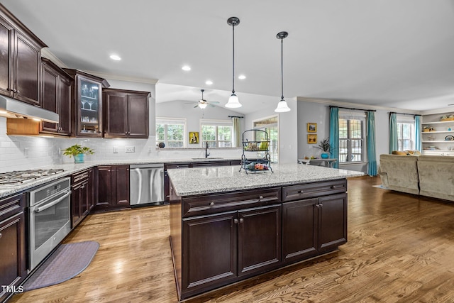 3036 Lawson Walk Way, Rolesville, NC 27571 - kitchen featuring appliances with stainless steel finishes, open floor plan, under cabinet range hood, ceiling fan, and light wood-style floors