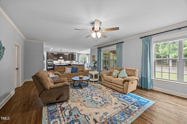 3036 Lawson Walk Way, Rolesville, NC 27571 - living area featuring ornamental molding, ceiling fan, wood finished floors, and recessed lighting