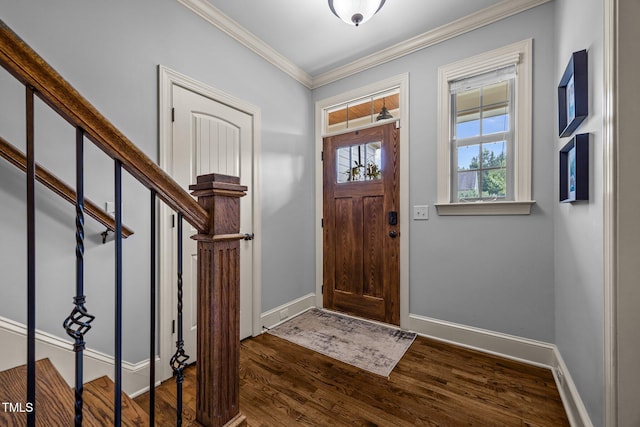 3036 Lawson Walk Way, Rolesville, NC 27571 - entryway with ornamental molding, dark wood-style floors, and stairway