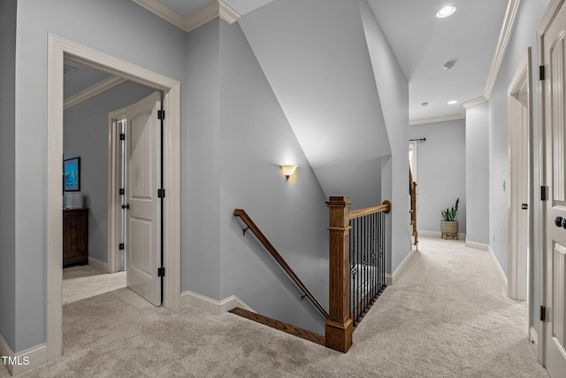 3036 Lawson Walk Way, Rolesville, NC 27571 - hall featuring an upstairs landing, carpet flooring, ornamental molding, and recessed lighting