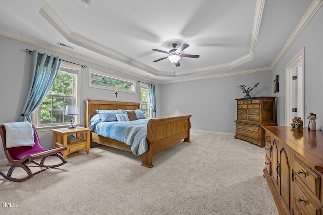 3036 Lawson Walk Way, Rolesville, NC 27571 - bedroom featuring a raised ceiling, multiple windows, light colored carpet, ornamental molding, and a ceiling fan