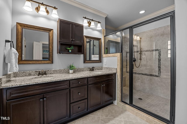 3036 Lawson Walk Way, Rolesville, NC 27571 - bathroom featuring crown molding, double vanity, a stall shower, and tile patterned floors