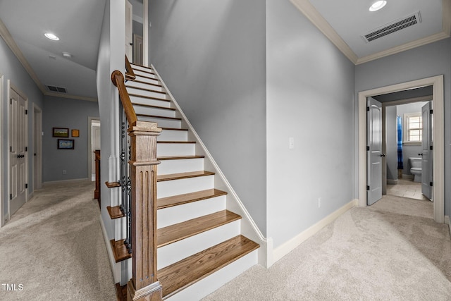 3036 Lawson Walk Way, Rolesville, NC 27571 - stairway featuring carpet, crown molding, and recessed lighting