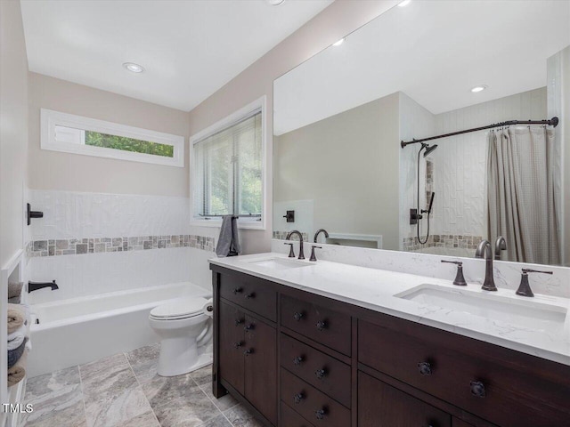 3811 Carnegie Ln, Raleigh, NC 27612 - bathroom with healthy amount of natural light, a garden tub, double vanity, tiled shower, and recessed lighting