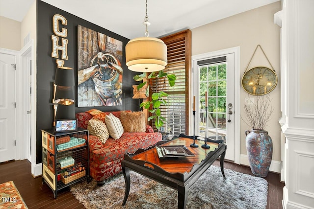 1806 Pattersons Mill Rd, Durham, NC 27703 - living room featuring dark wood-style floors and baseboards