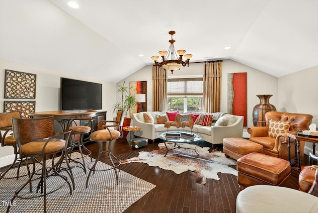 1806 Pattersons Mill Rd, Durham, NC 27703 - living room with lofted ceiling, hardwood / wood-style floors, a chandelier, and recessed lighting