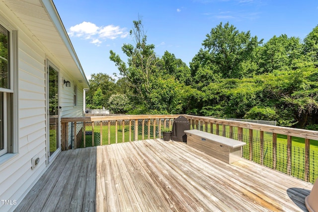 918 Circle Dr, Angier, NC 27501 - wooden terrace featuring a lawn and view of wooded area