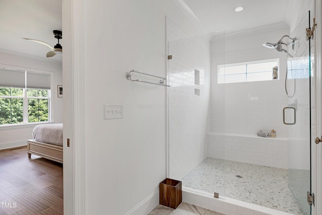 447 Marcellus Way, Clayton, NC 27527 - full bath featuring connected bathroom, plenty of natural light, a shower stall, ornamental molding, and recessed lighting