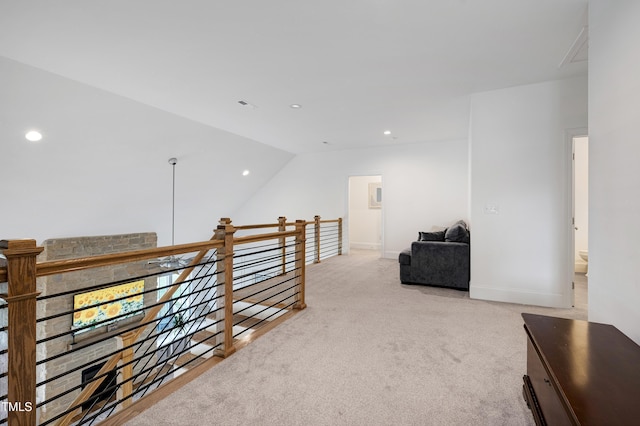447 Marcellus Way, Clayton, NC 27527 - hall with light carpet, recessed lighting, and an upstairs landing