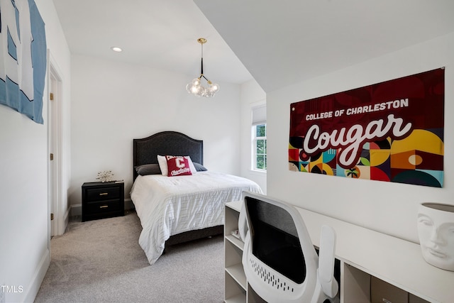 447 Marcellus Way, Clayton, NC 27527 - bedroom with carpet flooring, a chandelier, and recessed lighting