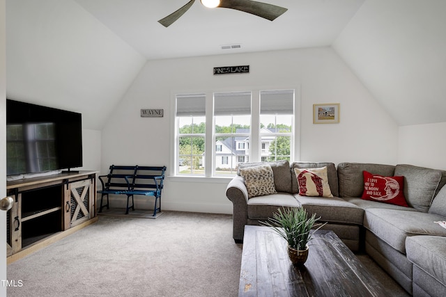 447 Marcellus Way, Clayton, NC 27527 - living room featuring vaulted ceiling, carpet flooring, and a ceiling fan