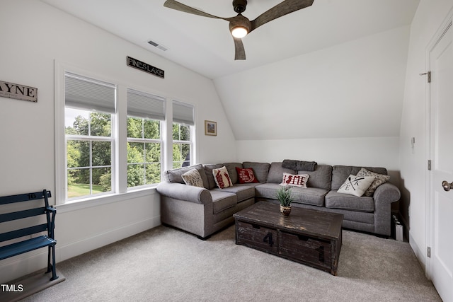 447 Marcellus Way, Clayton, NC 27527 - carpeted living area featuring a ceiling fan and lofted ceiling