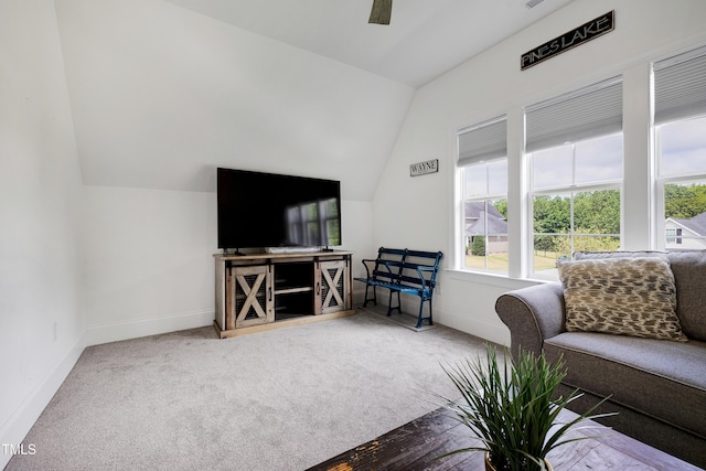 447 Marcellus Way, Clayton, NC 27527 - living area featuring plenty of natural light, vaulted ceiling, carpet flooring, and ceiling fan