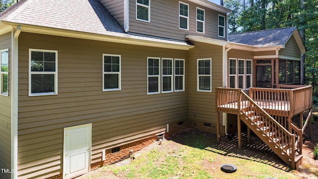 149 Hadley Ln, Clayton, NC 27527 - rear view of house with crawl space, a sunroom, stairs, roof with shingles, and a wooden deck