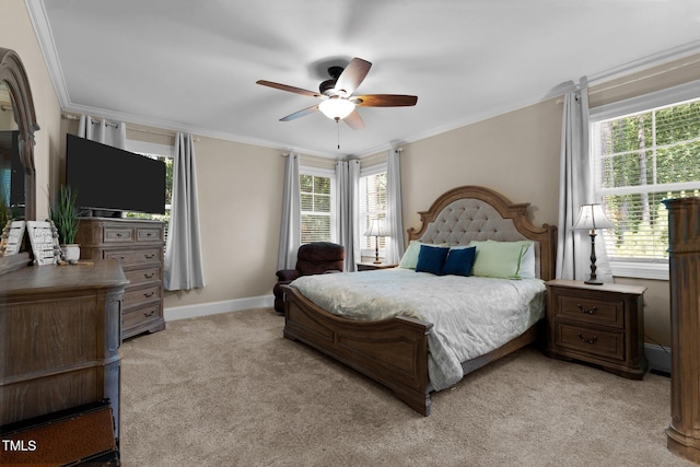 149 Hadley Ln, Clayton, NC 27527 - bedroom with light colored carpet, crown molding, and ceiling fan