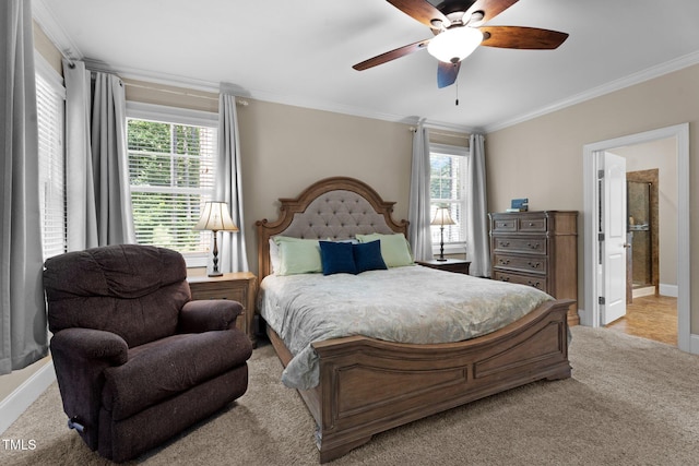149 Hadley Ln, Clayton, NC 27527 - carpeted bedroom with ornamental molding, ensuite bath, and a ceiling fan