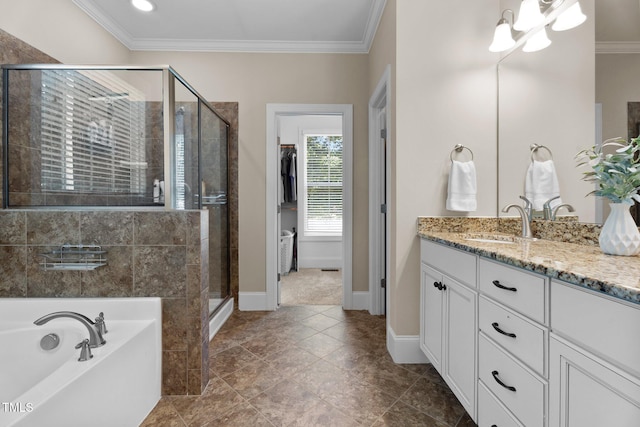 149 Hadley Ln, Clayton, NC 27527 - bathroom featuring vanity, ornamental molding, a shower stall, a bath, and tile patterned flooring