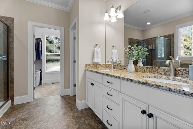 149 Hadley Ln, Clayton, NC 27527 - full bathroom with double vanity, a stall shower, and crown molding