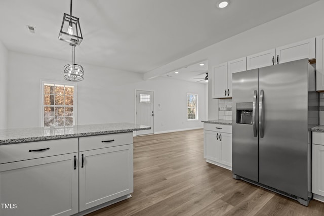 112 Edgewood Dr, Roxboro, NC 27573 - kitchen featuring stainless steel fridge, recessed lighting, white cabinetry, light wood finished floors, and a ceiling fan