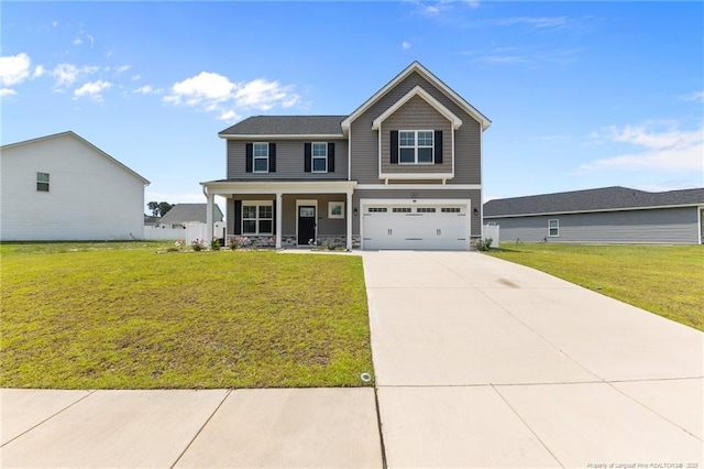 283 Leach Creek Dr, Raeford, NC 28376 - craftsman-style house with a porch, driveway, a front lawn, and stone siding