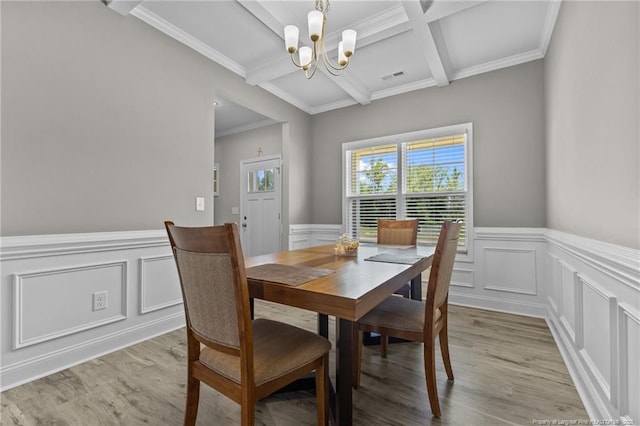 283 Leach Creek Dr, Raeford, NC 28376 - dining room featuring a chandelier, a decorative wall, wainscoting, beam ceiling, and light wood-style flooring