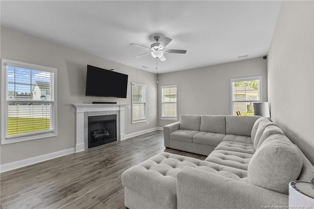 283 Leach Creek Dr, Raeford, NC 28376 - living room featuring a ceiling fan, wood finished floors, and a fireplace