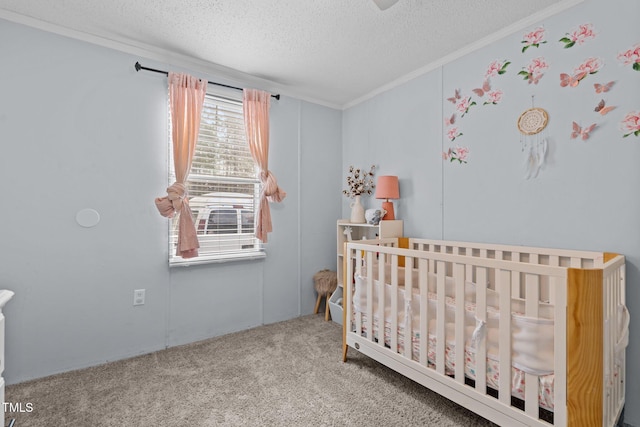 51 Brafford Estates Dr, Cameron, NC 28326 - bedroom featuring a crib, ornamental molding, carpet flooring, and a textured ceiling