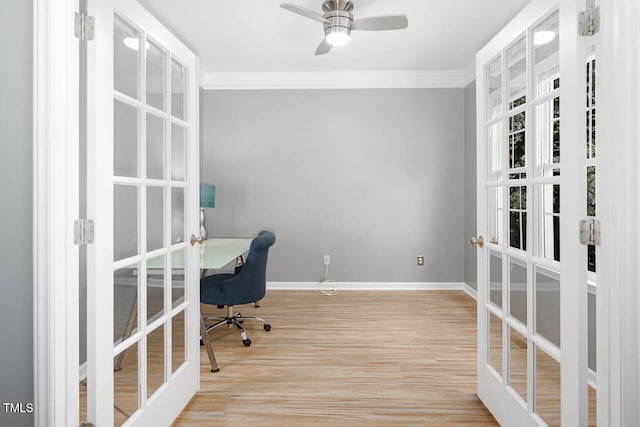 515 Wellingham Dr, Durham, NC 27713 - unfurnished office featuring french doors, crown molding, wood finished floors, and a ceiling fan