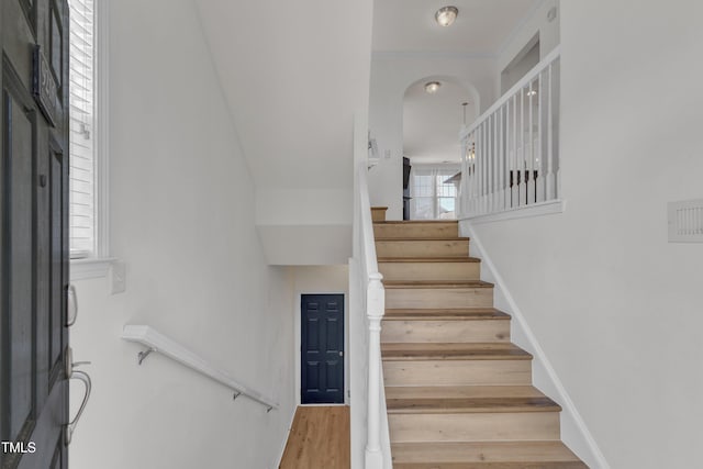 9216 Wooden Rd, Raleigh, NC 27617 - staircase with wood finished floors