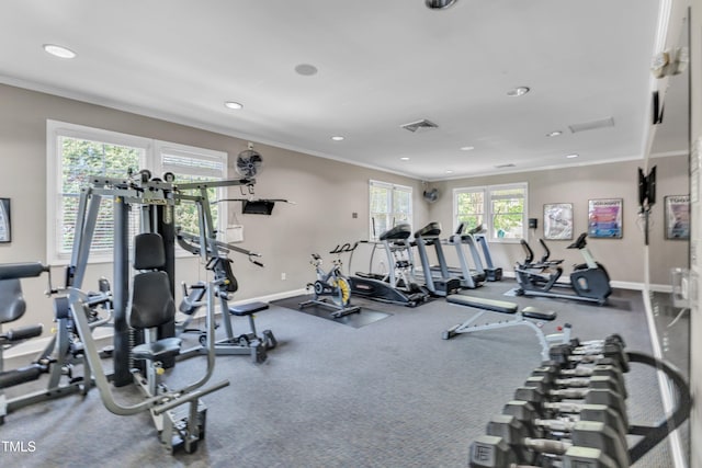 9216 Wooden Rd, Raleigh, NC 27617 - exercise room featuring crown molding and recessed lighting