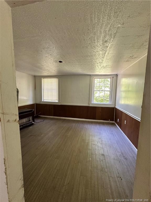 410 W K St, Erwin, NC 28339 - unfurnished room with wood finished floors, healthy amount of natural light, a textured ceiling, a wainscoted wall, and wood walls