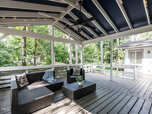 3205 Dell Dr, Raleigh, NC 27609 - deck with a ceiling fan and outdoor lounge area