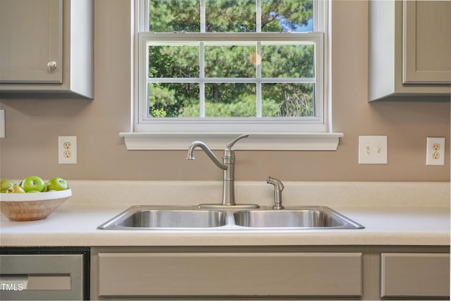 211 Cloverdale Dr, Durham, NC 27703 - kitchen featuring light countertops, gray cabinetry, and dishwasher