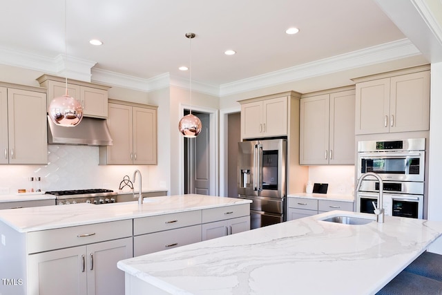 2128 Vandiver Way, Apex, NC 27523 - kitchen with appliances with stainless steel finishes, a kitchen island with sink, extractor fan, light stone counters, and cream cabinetry