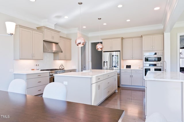 2128 Vandiver Way, Apex, NC 27523 - kitchen with range hood, an island with sink, stainless steel appliances, crown molding, and dark wood-type flooring