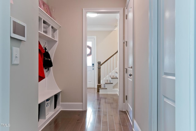 2128 Vandiver Way, Apex, NC 27523 - mudroom featuring dark wood-style flooring and crown molding