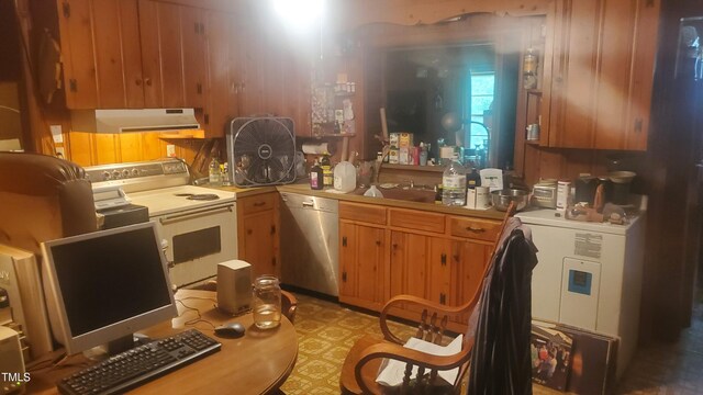 303 Holland Rd, Fuquay Varina, NC 27526 - kitchen with stainless steel dishwasher, white range with electric stovetop, under cabinet range hood, and light countertops