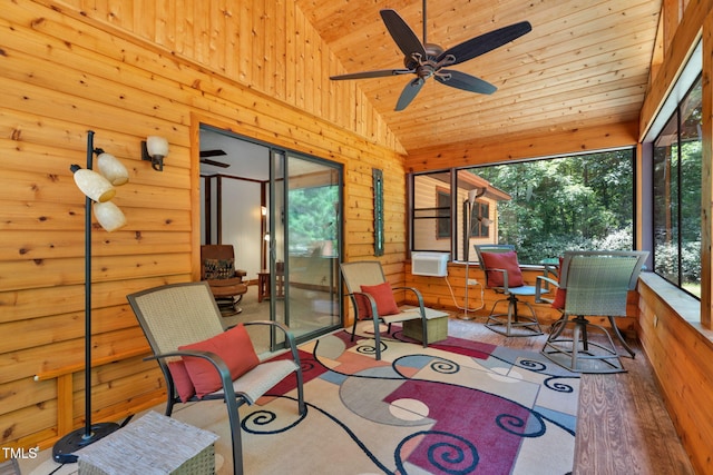 4134 King Charles Rd, Durham, NC 27707 - sunroom featuring wooden walls, ceiling fan, wood finished floors, wood ceiling, and high vaulted ceiling