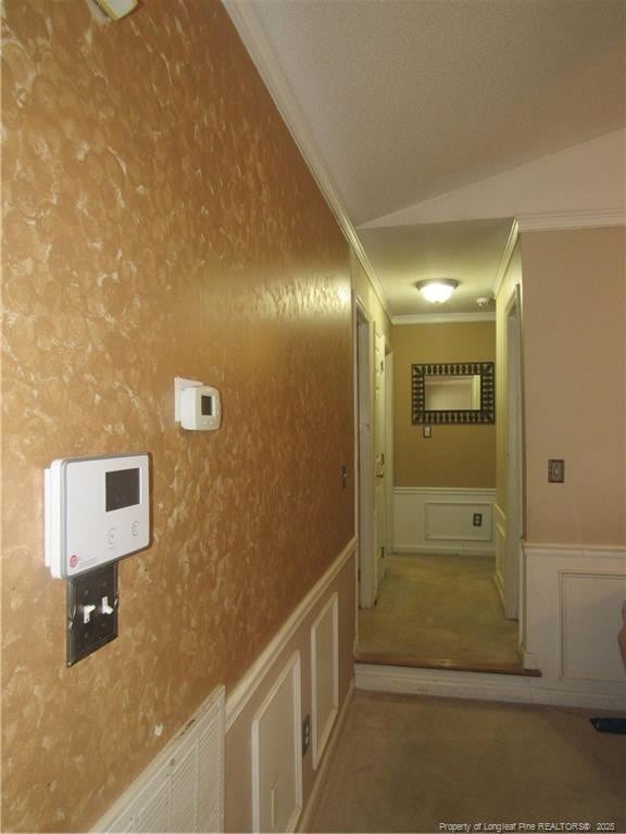 108 Shady Meadows Ln, Clayton, NC 27520 - corridor featuring crown molding, a decorative wall, a wainscoted wall, lofted ceiling, and carpet floors
