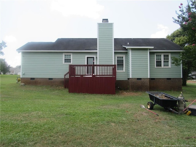 108 Shady Meadows Ln, Clayton, NC 27520 - rear view of property featuring crawl space, a lawn, a deck, and a chimney